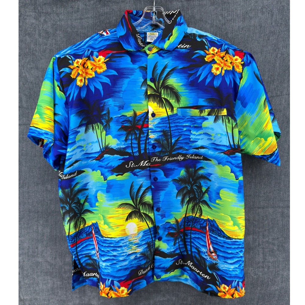 Rima St Maarten Hawaiian Aloha Shirt Mens XL Blue Tropical Beach Island Sunset